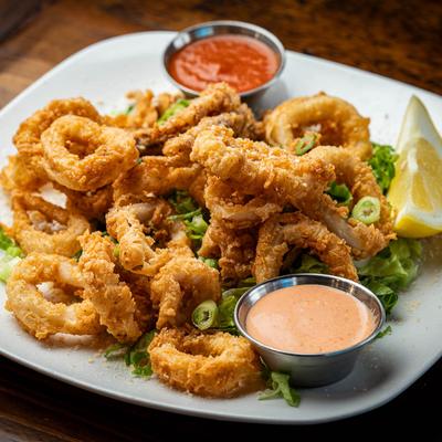 Crispy Fried Calamari served with a red and a pink sauce for dipping.