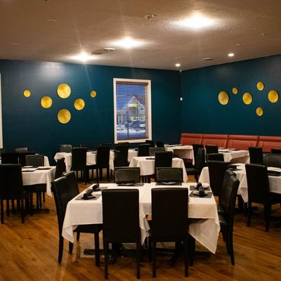 The interior, table and chairs.