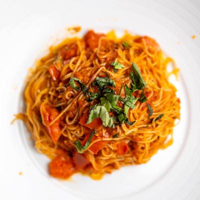 Angel hair pasta, with tomatoes, basil, garlic, and EVOO.