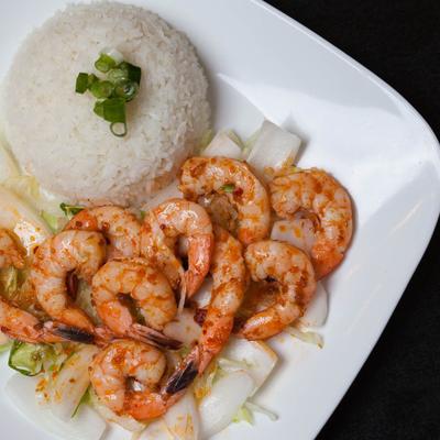 Shrimp, rice, and veggies.