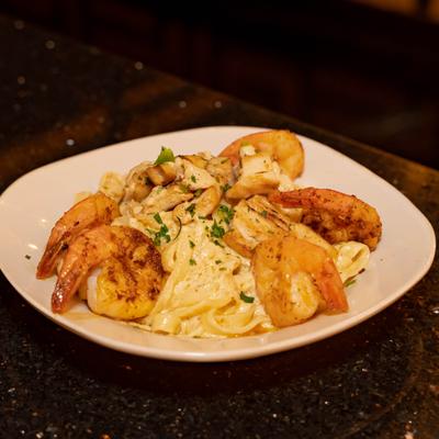Chicken and Shrimp Creamy Alfredo served
