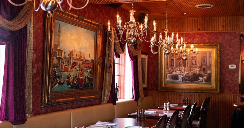 Interior, dining area with pictures on the wall