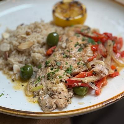 Red Snapper with Tomato, Onion & Red Bell Pepper.