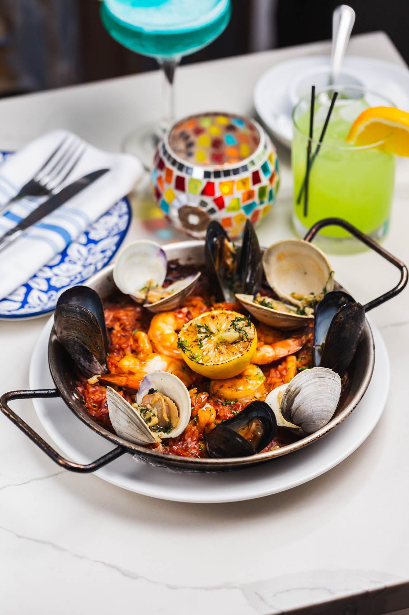 Seafood Paella served