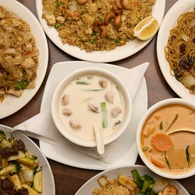 A variety of dishes, top view.