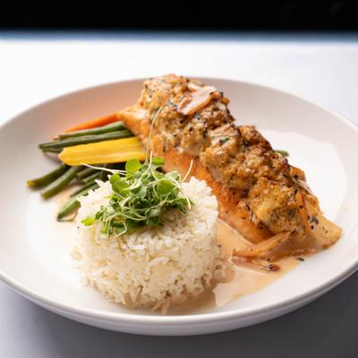 Crab Crusted Salmon, with rice and veggies.