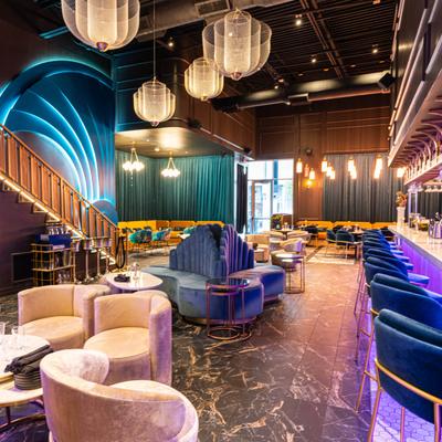 Bar area and seating area, modern futuristic design of the room