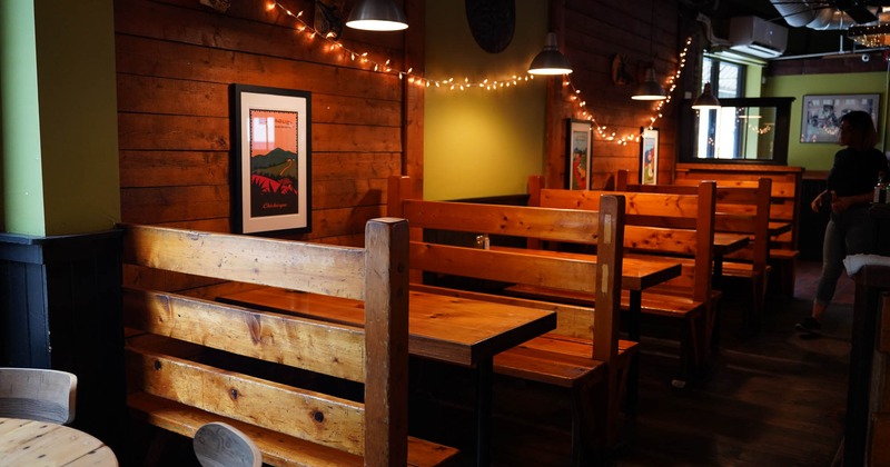 Interior, wooden dining booths
