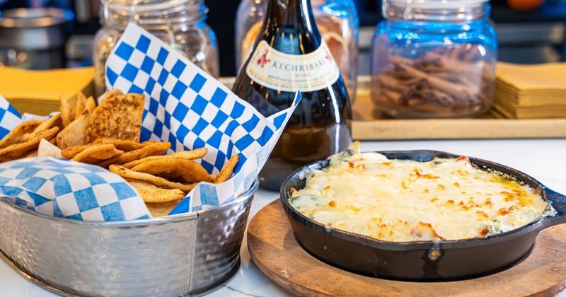 Spinach and Artichoke Feta Dip and pita chips