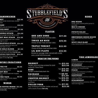 Black Stubblefield’s BBQ menu board with sandwiches, plates, meats, and sides.