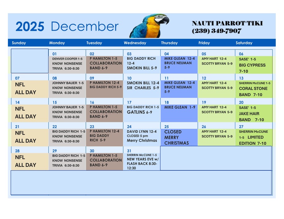 Tiki Hut Events Calendar 