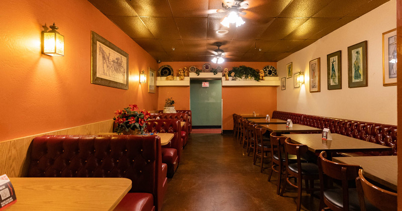 Interior, wooden tables left and right