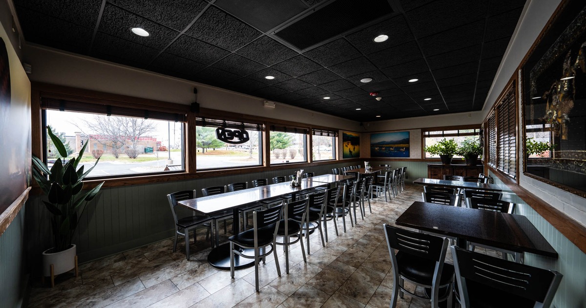 Interior, tables and chairs lined up