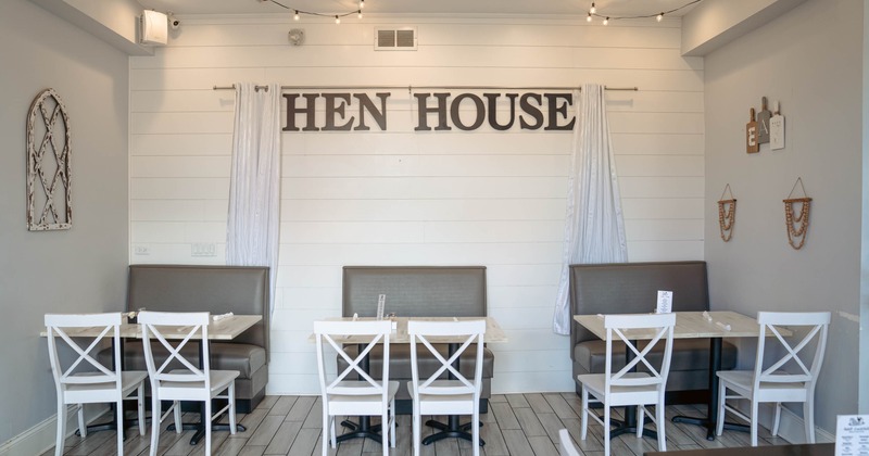 Interior, booths, tables and chairs