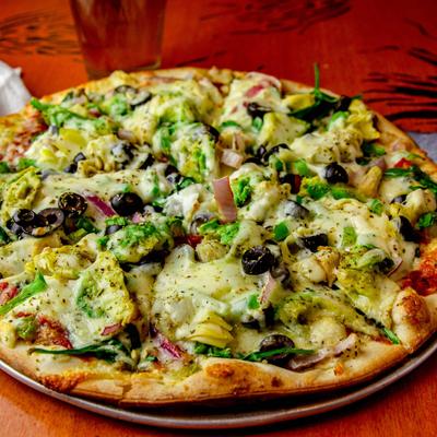 Garden pizza, with cheese and vegetables