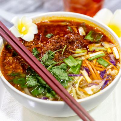 Spicy ground pork noodle soup.