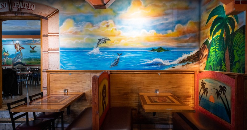 Interior, booths, tables and chairs