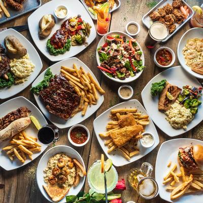 Table spread with assorted dishes, overhead view