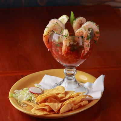 Shrimp cocktail with chips on the side