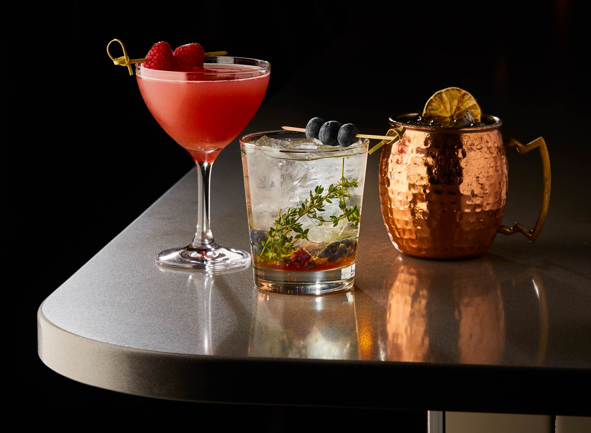 Three cocktails on display