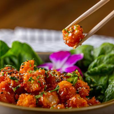 Sliced fresh fish with decorations and  spices