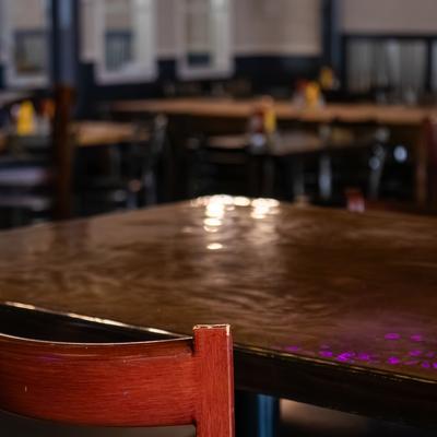 Interior, diner area, tables, chairs, close up.