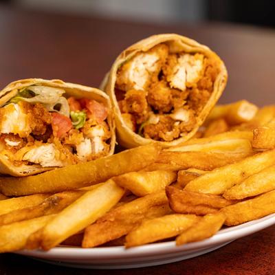 Buffalo Chicken Wrap, and fries.