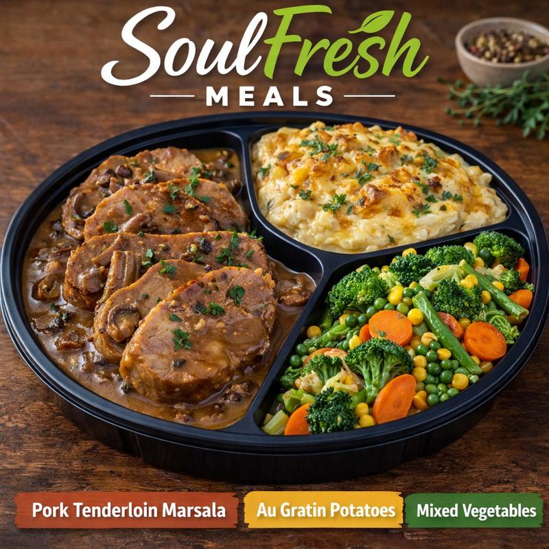 menu item 29 of 43, Pork Tenderloin Marsala | Au Gratin Potatoes | Mixed Vegetables