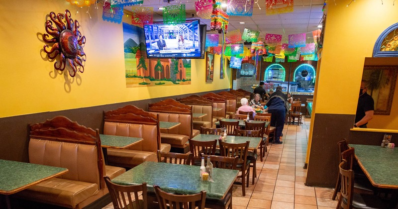 Interior, dining area, tables, chairs and booths