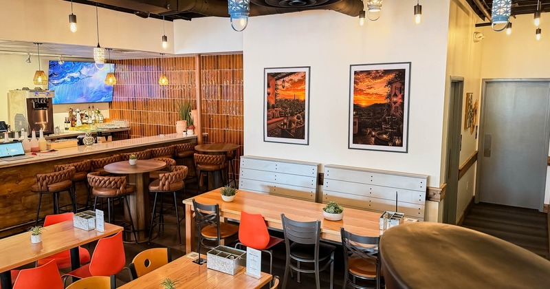Interior, dining area, high and regular tables, tables for four, six and eight people