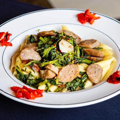 Penne with sausage and broccoli rabe.
