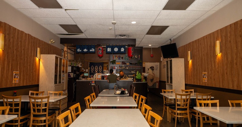 Interior, tables and chairs lined up