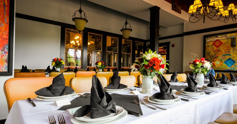 Restaurant interior, set dining table close up