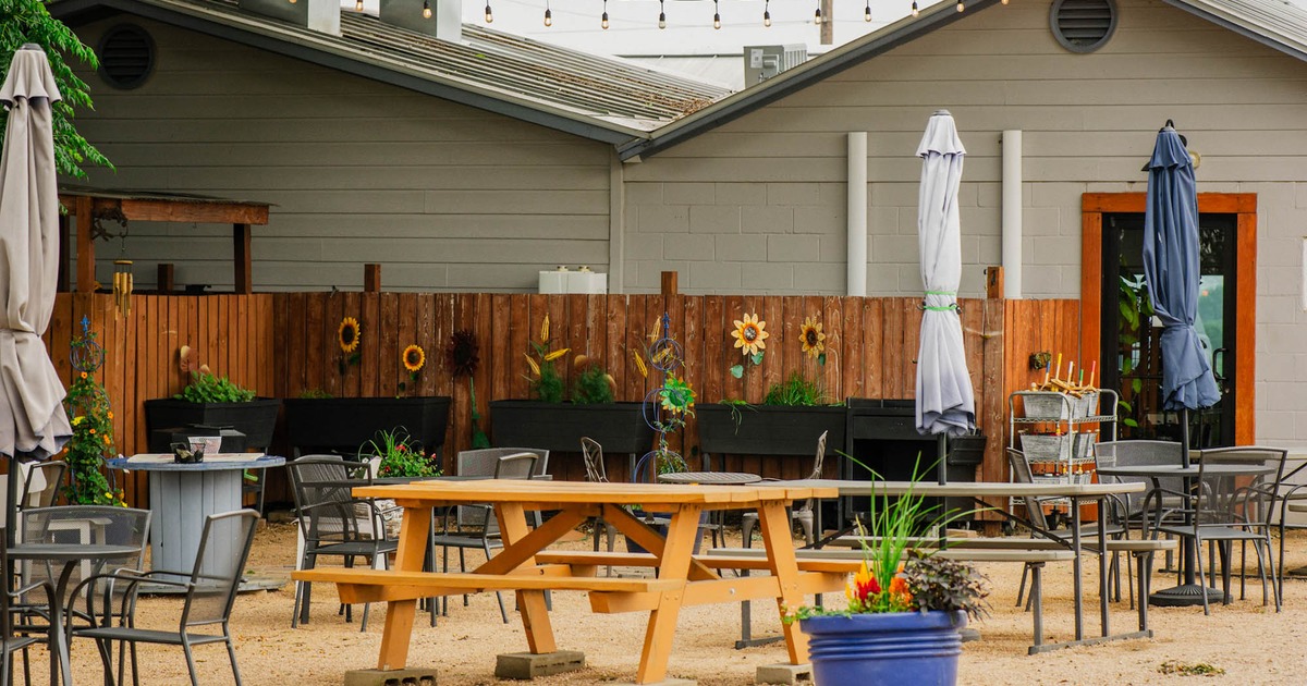 Exterior, seating area, parasols