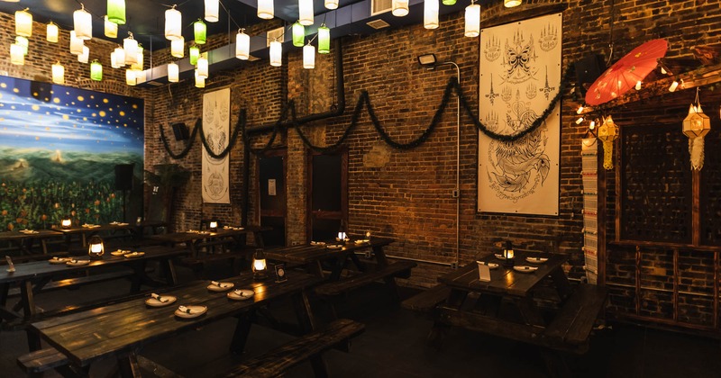 Interior, dining area, tables ready for guests