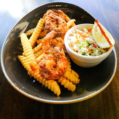 shrimps, fries and salad.