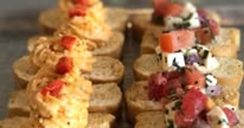 Garlic Crostini topped with pimento cheese or our tomato, basil, mozzarella dips