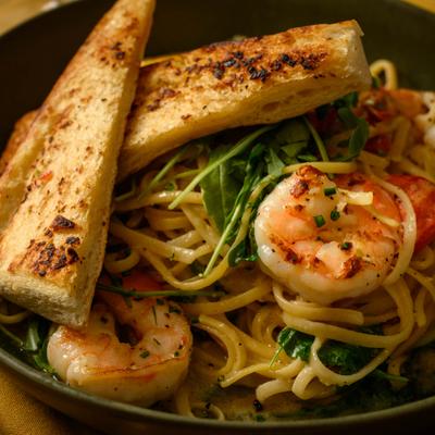 Shrimp Scampi with tomatoes, arugula, linguini, and toasted garlic bread.