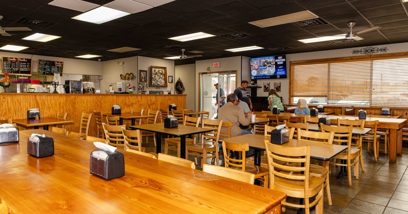Interior, diner area, tables and chairs