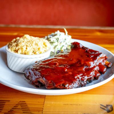 Half Rack BBQ St. Louis Ribs, mac and cheese and broccoli slaw.