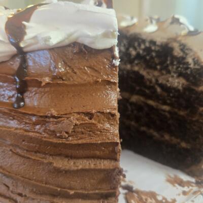 Homemade 4-layer chocolate mousse cake.