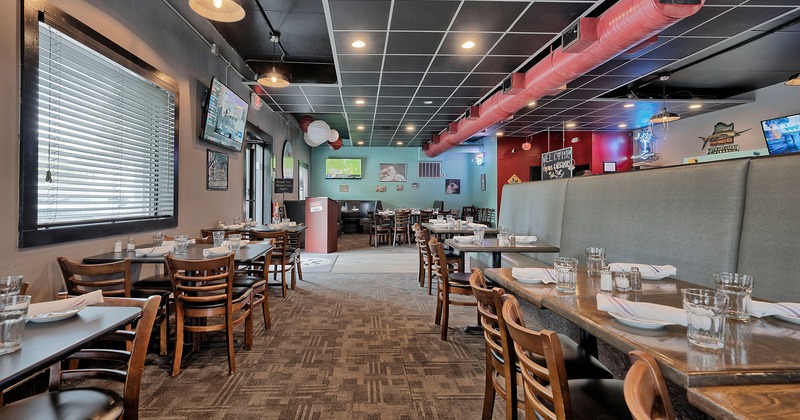 Dining area, set dining tables and seating