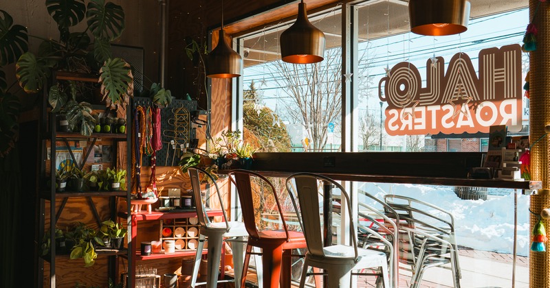Interior, bar table and stools  by the windowpane, plants