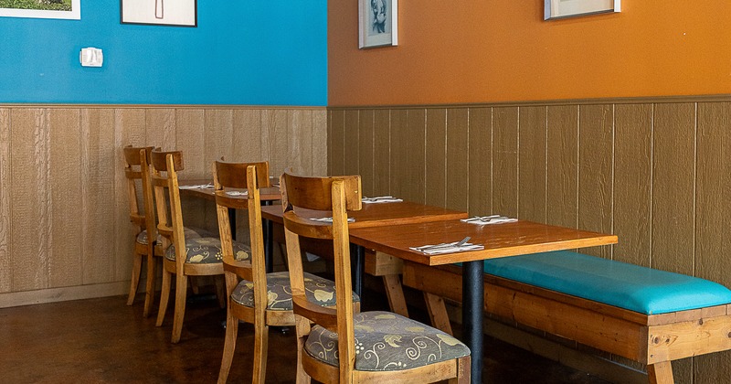 Diner area, tables, chairs, wide view