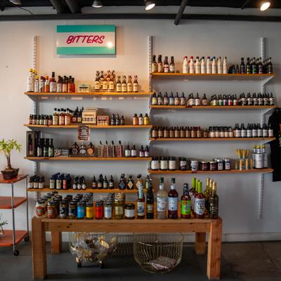 Assorted bottles on the shelf.