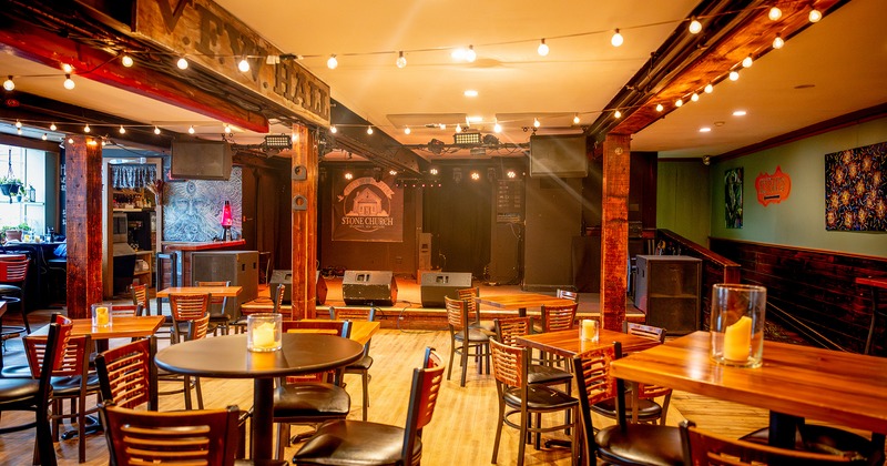 Nicely done interior seating area, music stage