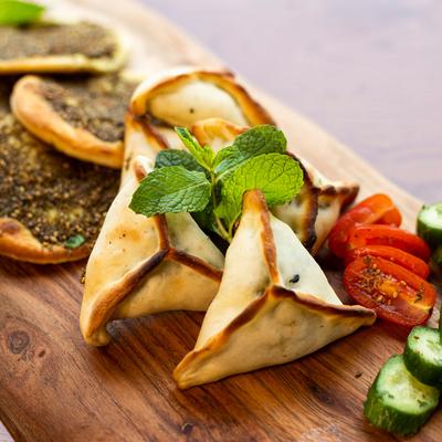 Various food on wooden serving board
