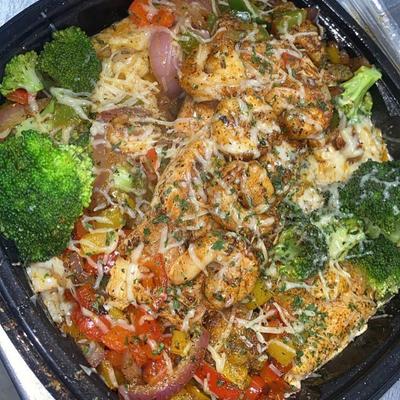 Cajun veggie pasta with shrimp.