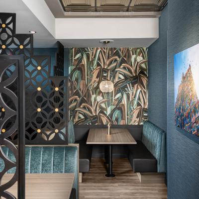 Interior, dining booths, mural art.