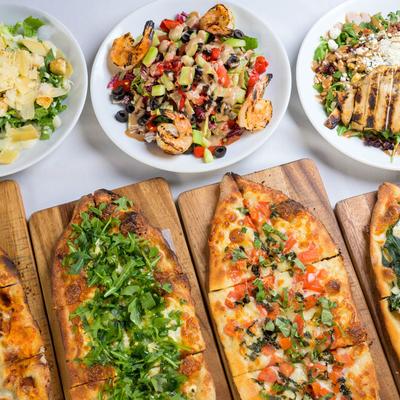 Various dishes on a table.